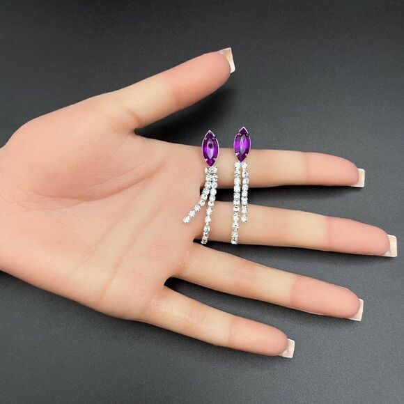 Silver with Purple Amethyst and White Diamond Crystal Dangling Post Earrings - Picture 10 of 10